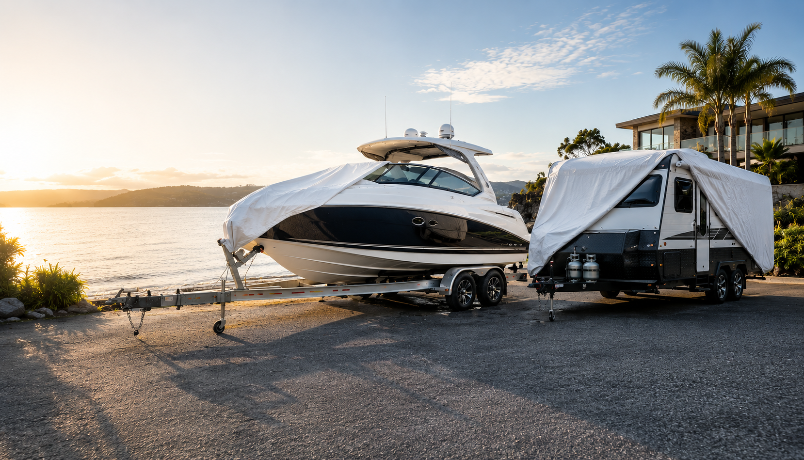 Premium boat and caravan covers — weatherproof protection on a coastal driveway at sunset
