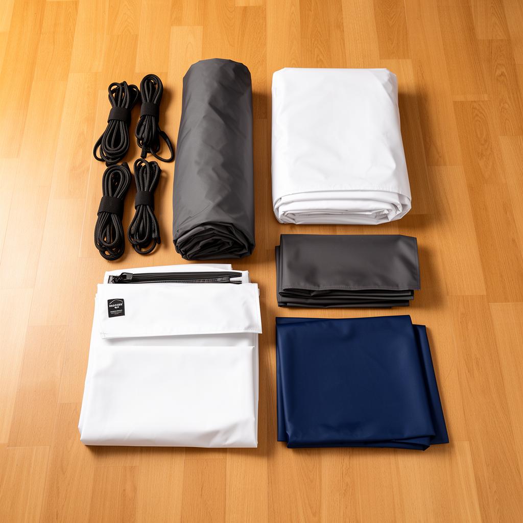 Flat lay of folded boat covers, caravan covers, tie-down straps and storage bags